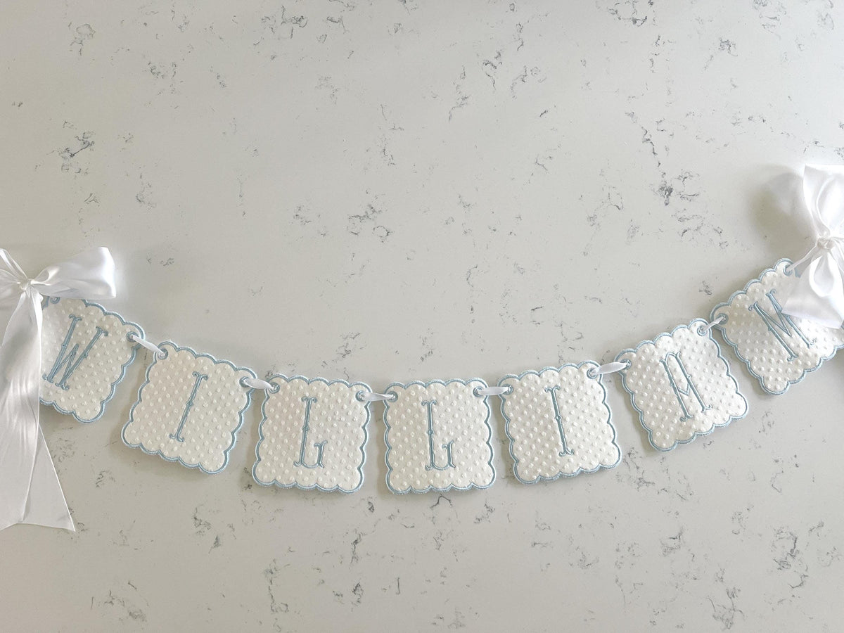 Swiss Dot Baby Name Banner, Custom Baby Banner, Baby Shower Gift, Embroidered Baby Name Banner