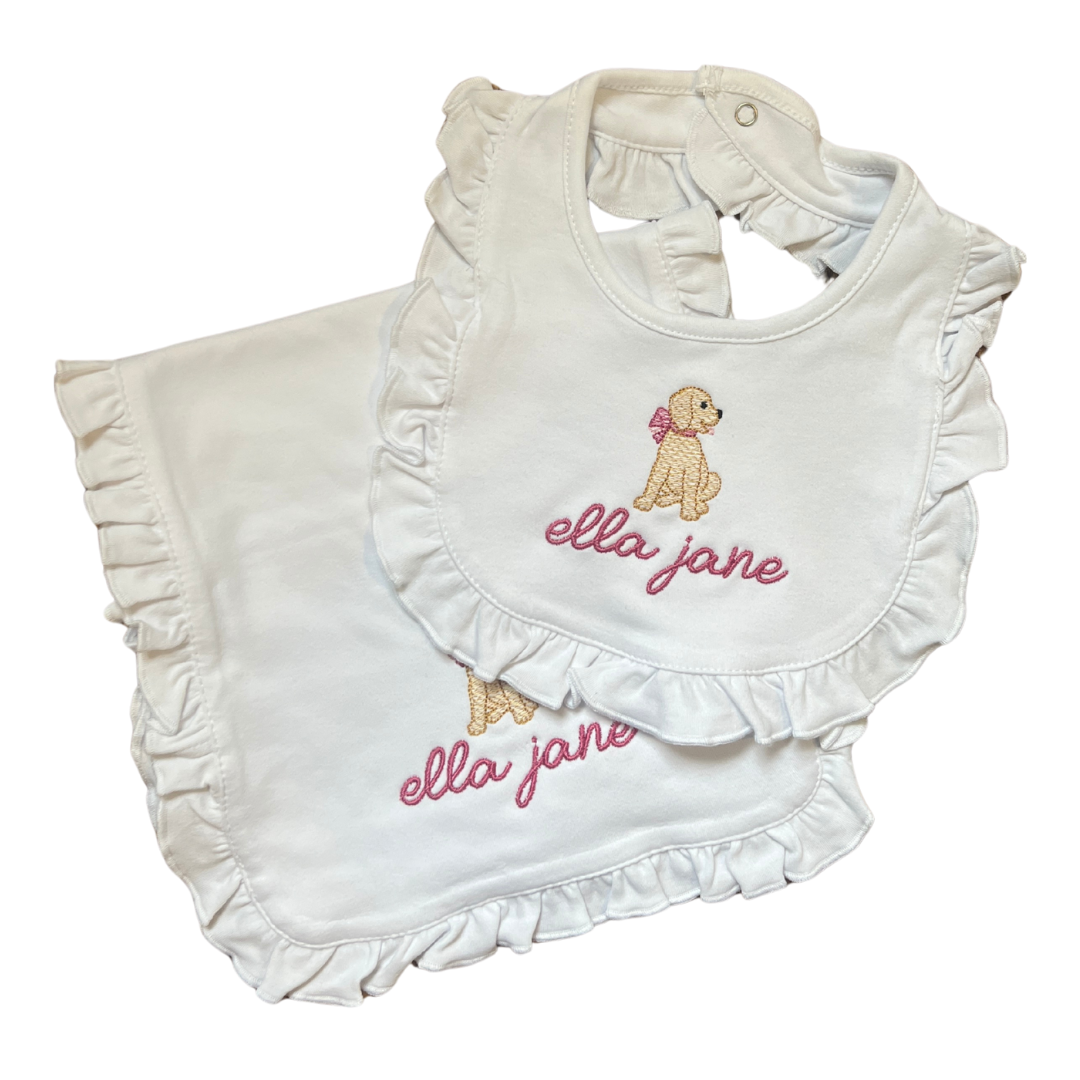 Girly Puppy Bib & Burp Cloth Set