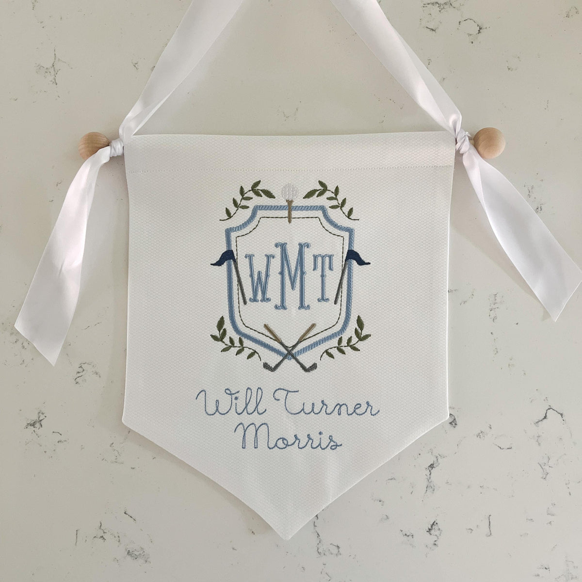 Custom Baby Banner with Golf Crest, Heirloom Baby Banner, Embroidered Baby Name Banner, Personalized Nursery Décor