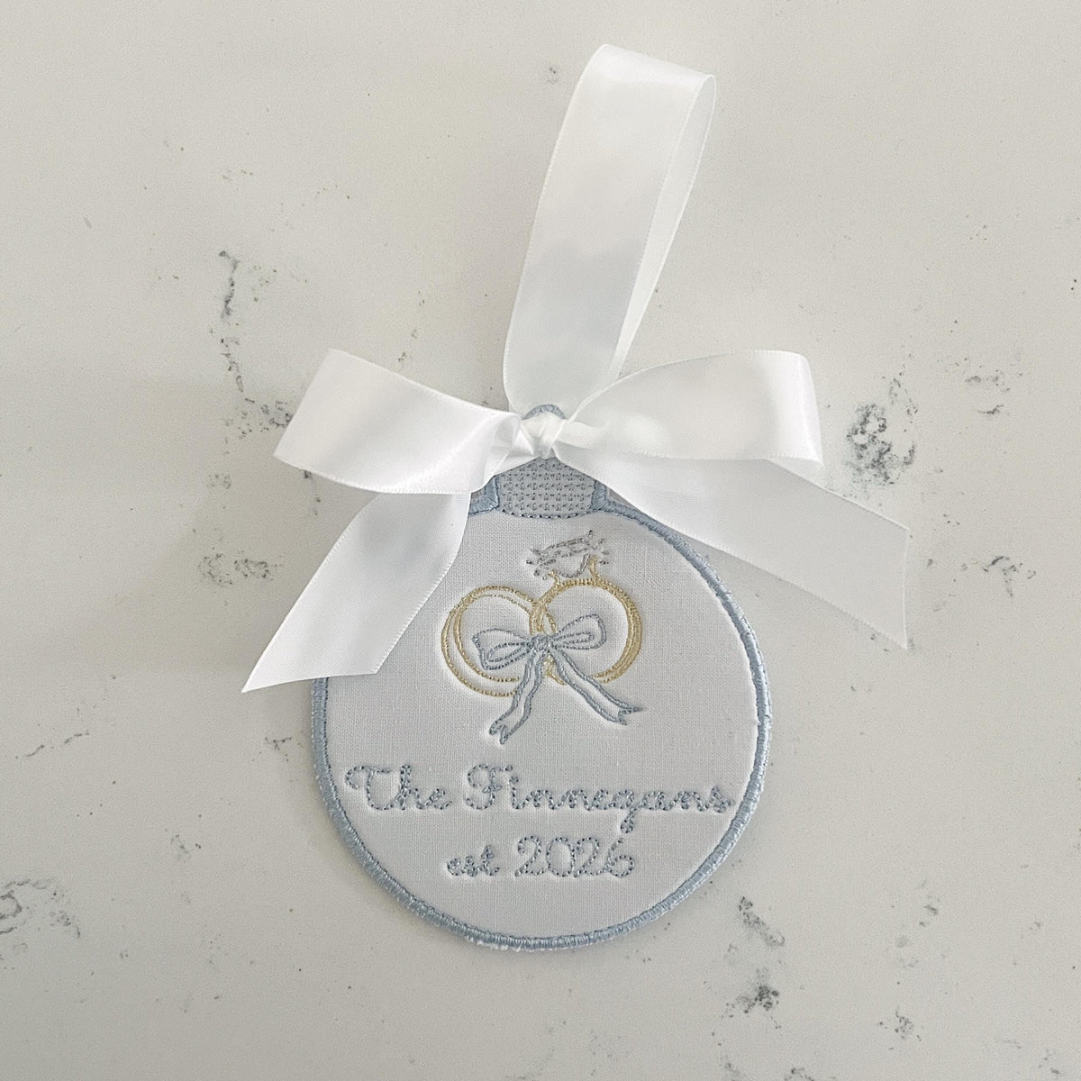 Custom Embroidered Wedding Ornament, Personalized Newlywed Keepsake, Monogram Christmas Ornament, Anniversary Gift, Bridal Shower Gift