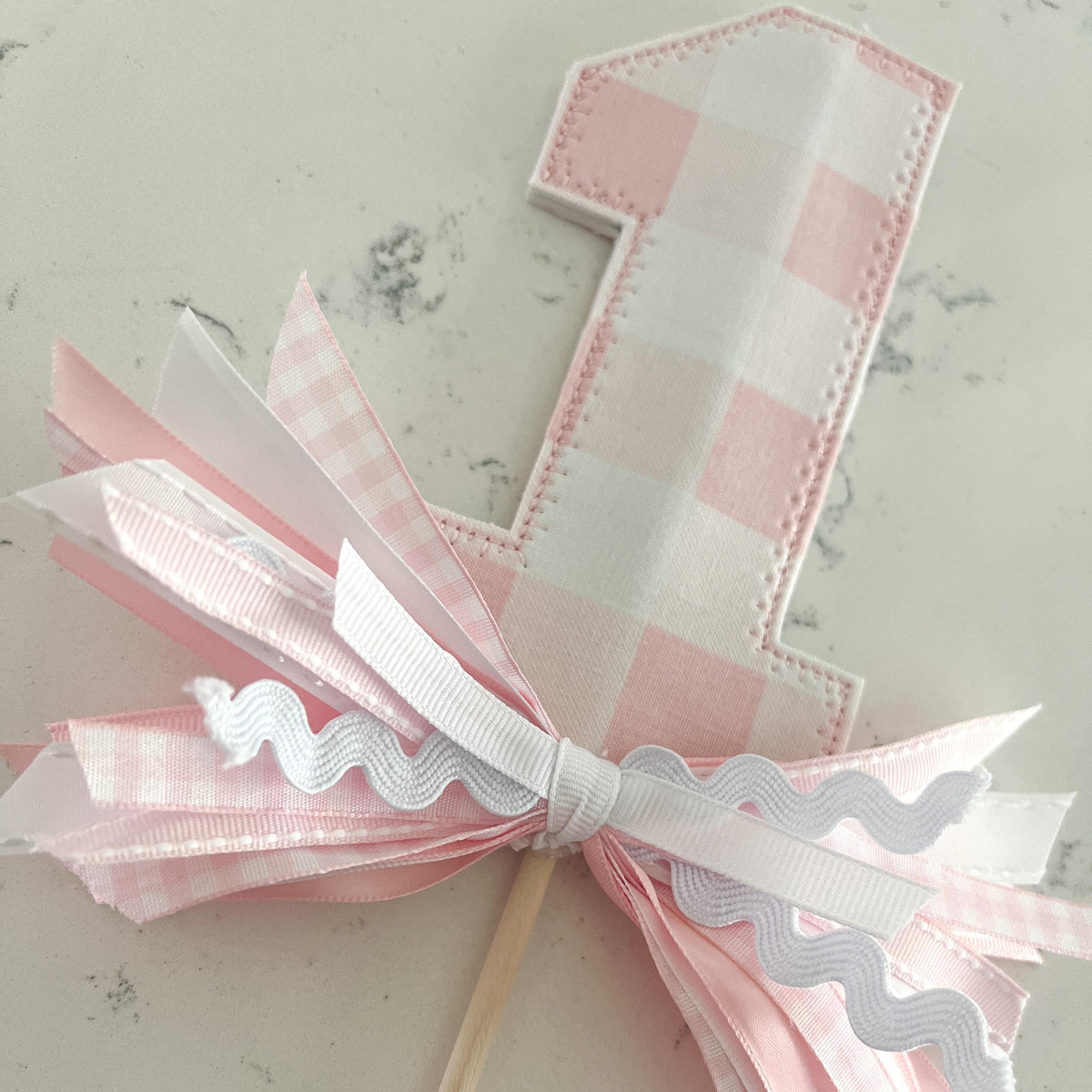 Light Pink Gingham "1" Cake Topper, First Birthday Decoration, Girls Birthday Decoration