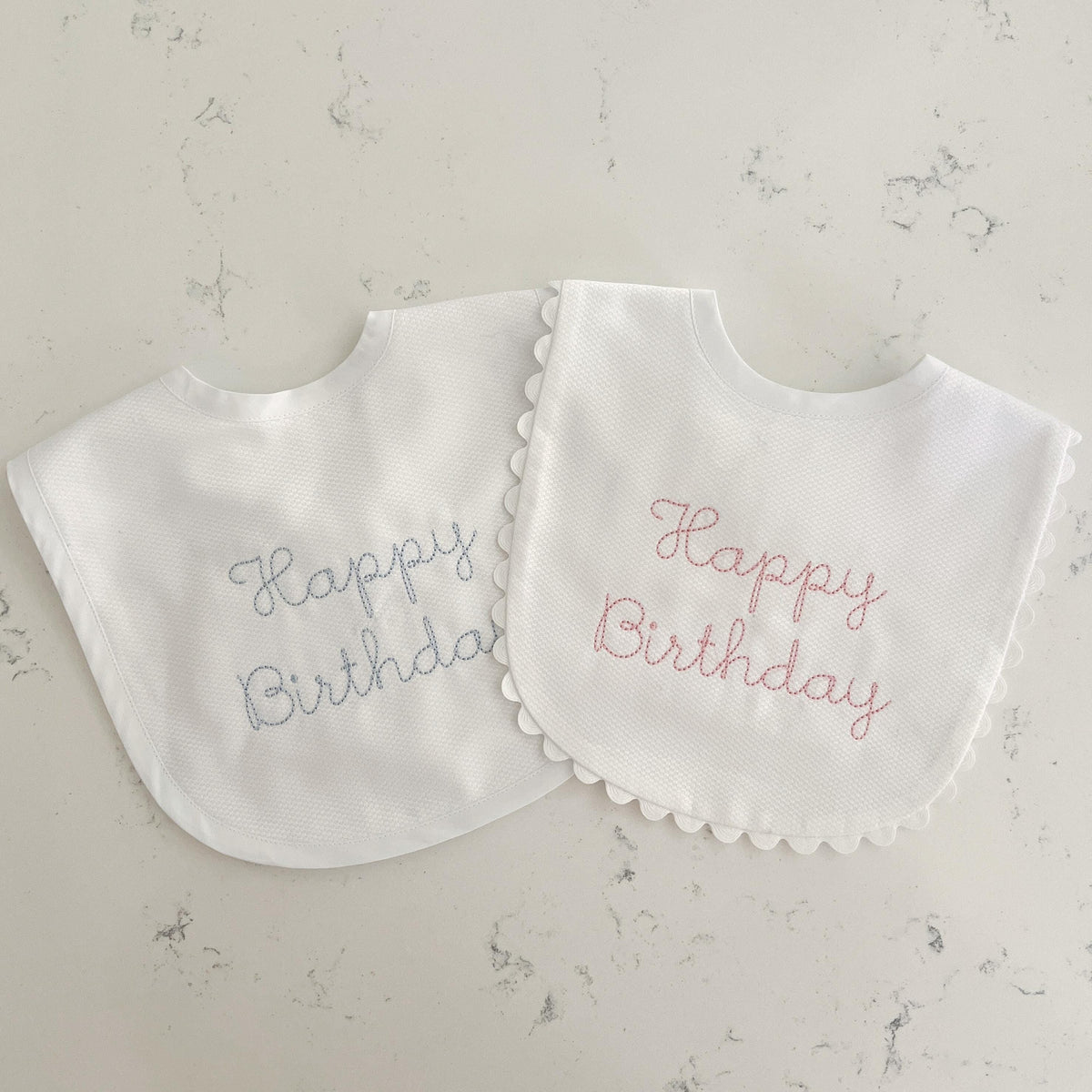 Embroidered “Happy Birthday” Baby Bib, First Birthday Bib, Scalloped Baby Bib for Birthday