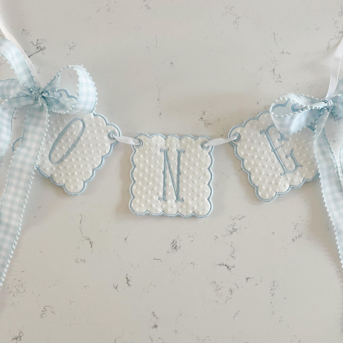 Blue and white Swiss Dot "ONE" Highchair Banner, First Birthday Decor, Boys Highchair Banner