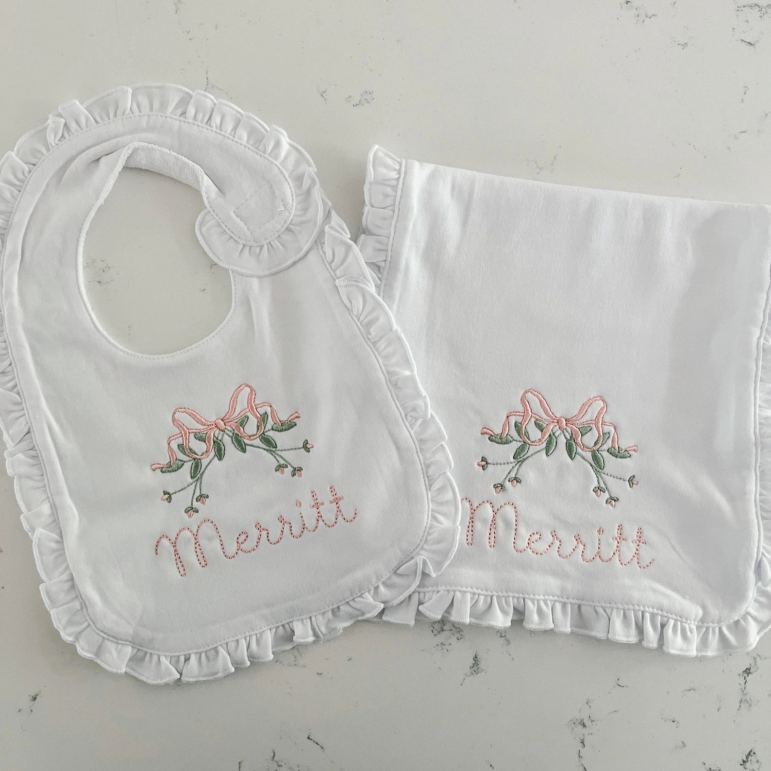 Rosebud Embroidered Bib and Burp Cloth